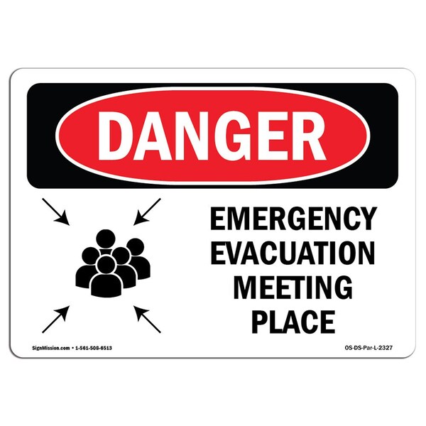 Safety Sign, OSHA Danger, 3.5" Height, Emergency Evacuation Meeting Place, Landscape, 10PK